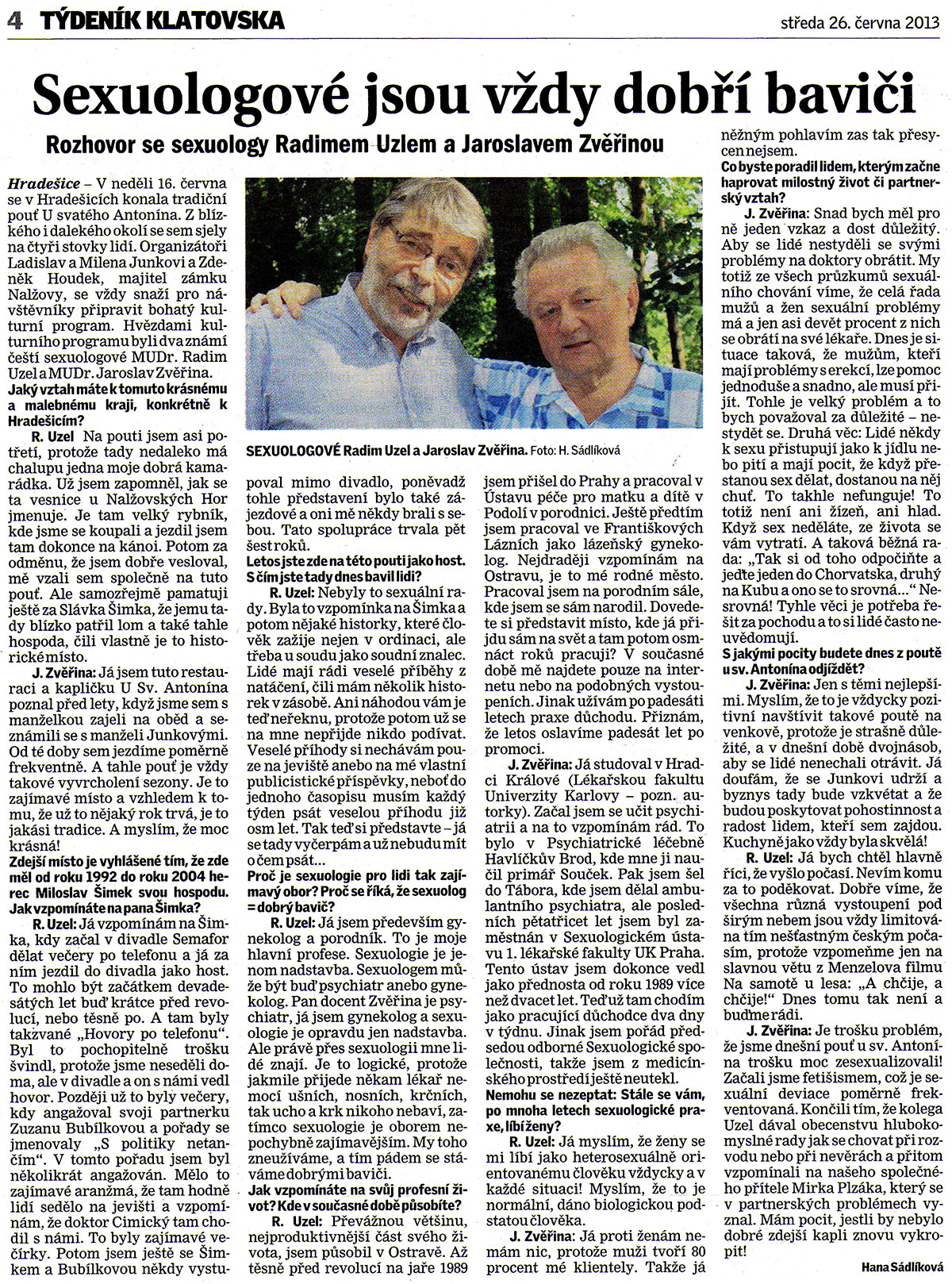 Sexuologové jsou vždy dobří baviči, Klatovský deník 26.6.2013
