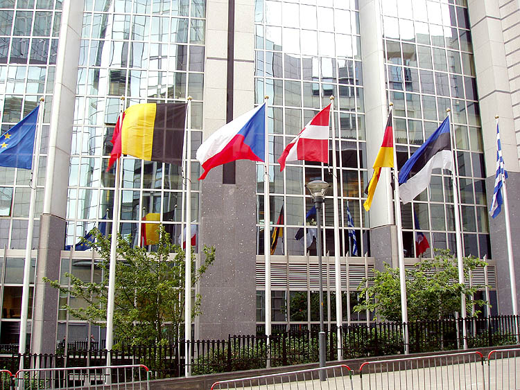 Vlajky členských států EU před budovou Evropského parlamentu v Bruselu